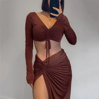 european and american autumn 2021 new womens v neck pleated crop top high slit long skirt two piece street style suit women