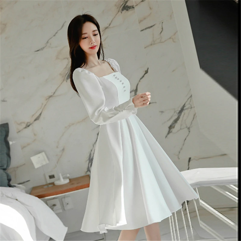 

Women Solid Color Long Sleeve A-Line Dress 2020 New Korean Style Fashion Square Collar White Dress Female Casual Party Clothing