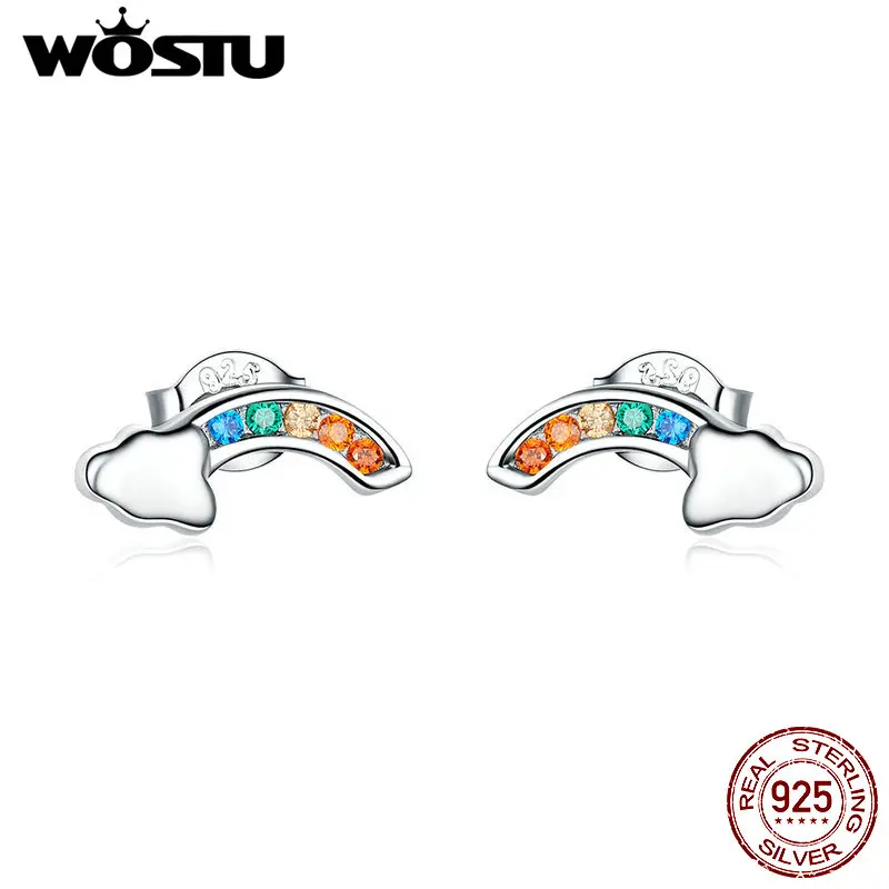 WOSTU, 925 пробы, серебро, переливчатая Радуга, серьги-гвоздики, красочные, циркон, крошечные серьги для женщин, девушек, Прекрасные Ювелирные изделия CQE500