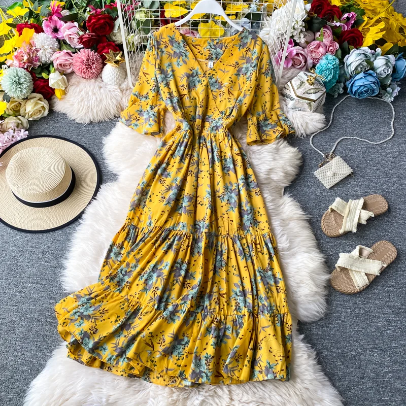 Женское шифоновое платье с широким рукавом летнее цветочным принтом и оборками