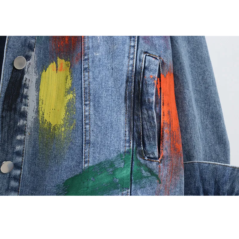 

Autumn Fashion Mid Long Denim Jacket Coat Women Loose Hand Painted Multicolor Graffiti Jeans Jacket Outerwear Female Streetwear