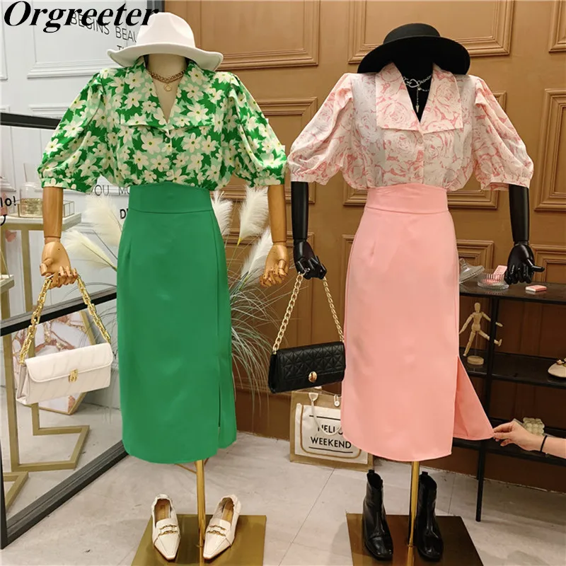 

Floral Printed Puff sleeve Loose Shirt + High waist Side Slit Bodycon Long Skirt Two piece set Female OL Work wear Clothing