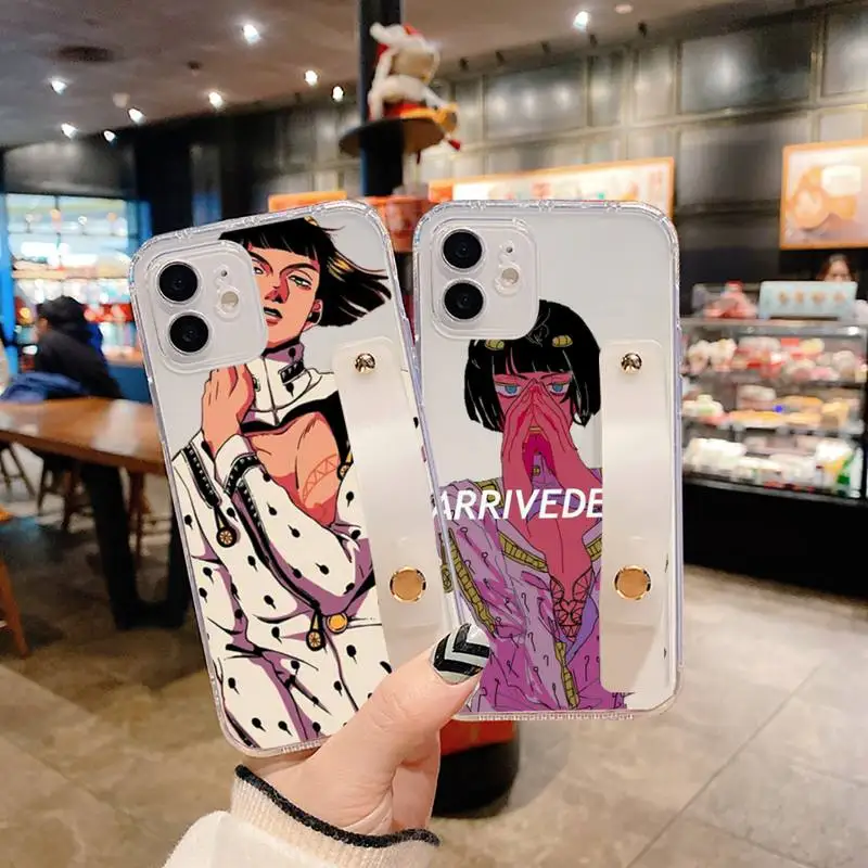 

JoJo's Bizarre Phone Case Wrist Strap For iPhone 7 8 11 12 X XS XR MINI Pro Max Plus Hand Band Transparent Clear