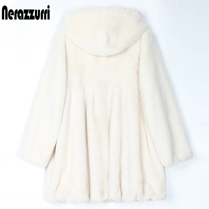 Nerazzurri Pleated light soft faux fur coat women with hood Skirted fluffy jackets for women Womens fall fashion 2022 5xl 6xl