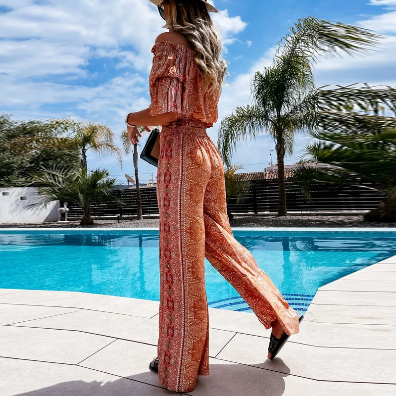

Vintage Printed Lady Sets Outfit Sexy Tassel Off Shoulder Tops + Wide Leg Pant Suits Fashion Casual Holiday Women Two Piece Set