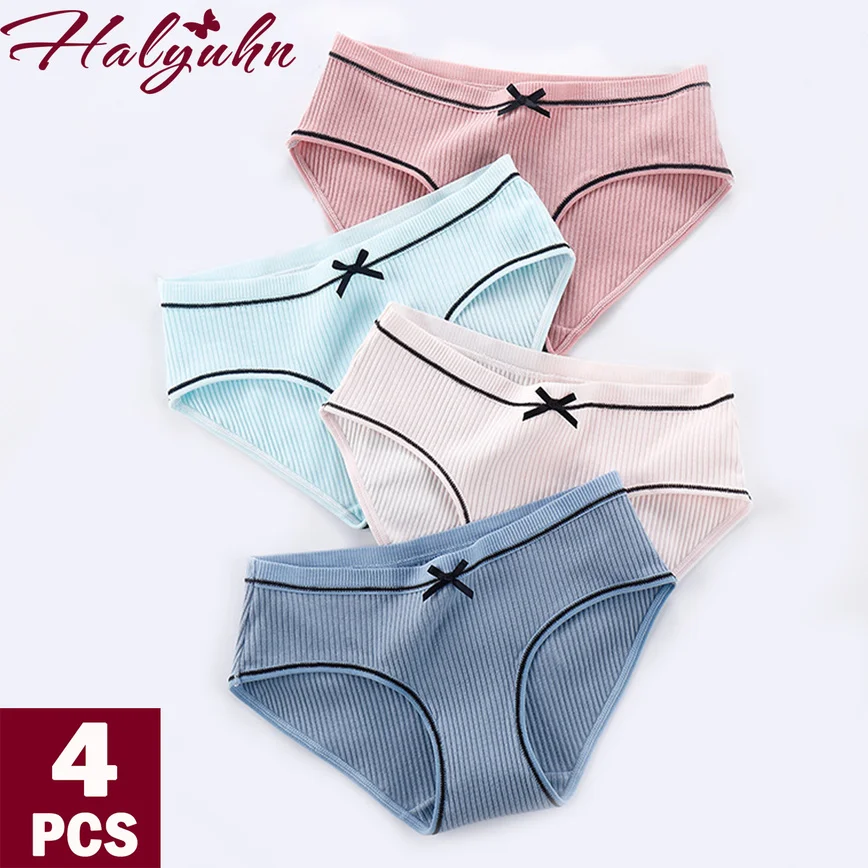 4 шт./лот однотонные трусики с спиральным бантом со средней талией женские