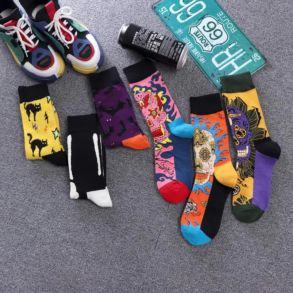 Harajuku happy women funny combed cotton casual Fashion colorful ghost bat pattern Men Long skateboard Unisex Christmas Socks