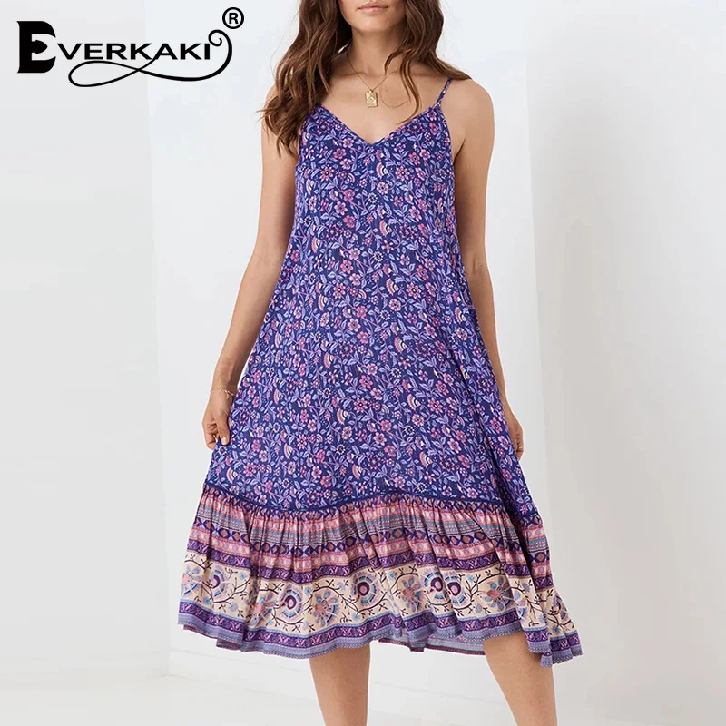 Everkaki/платье-комбинация с цветочным принтом для женщин; Boho; свободные; цыганские; с открытой спиной; женские богемные длинные платья; Vestidos; Новинка осени года