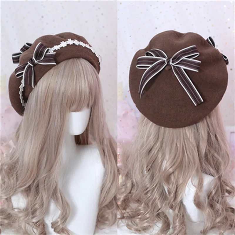 Japanese Handmade Kawaii Wave Pattern Bow Hair Ball Beret Biscuits Soft Girl LOLITA Handmade Bud Hat Cosplay Christmas Gift Mori