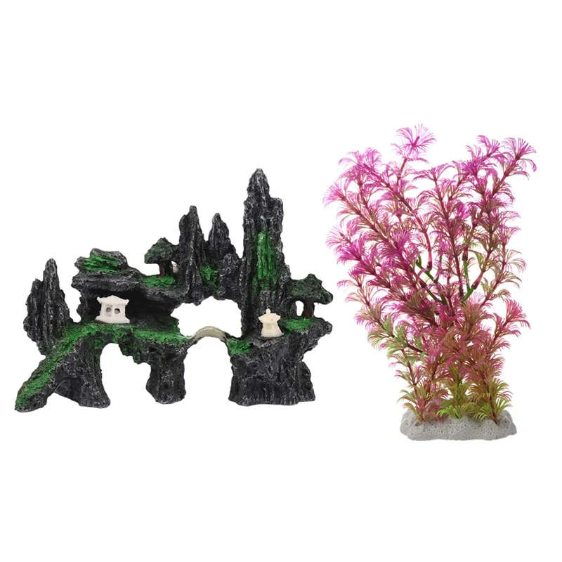 

1X искусственное растение 15-20 см водное растение фиолетовая + зеленая и 1 шт. Смола нетоксичный риф аквариум каменистая Гора