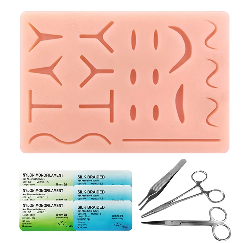

Suture Stitching Kit Suture Practice Pad with 19 Pre-Cut Wounds, Suture Instruments,Suture Threads(Education Use Only)