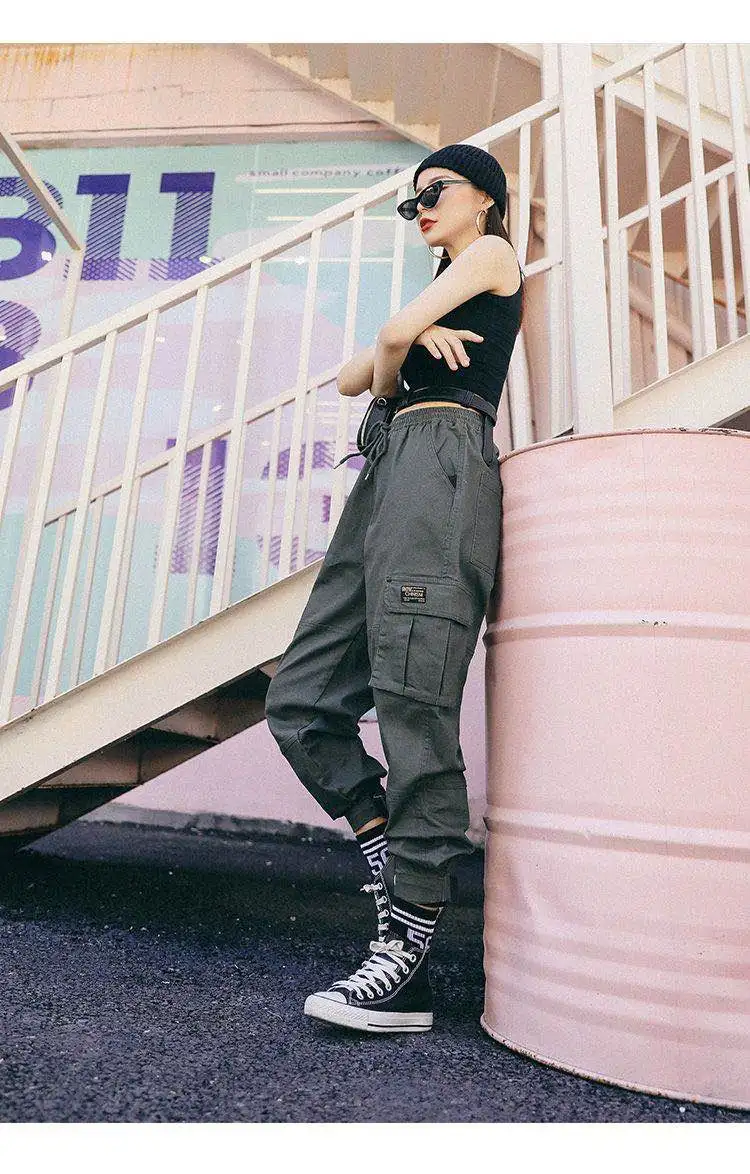 Хлопковые брюки карго с высокой талией 2019 весенние розовые хаки черные женские |