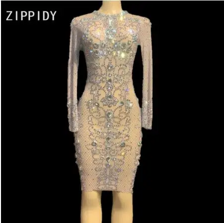 Модное серебряное Прозрачное платье стразы для выпусквечерние вечера сетчатый