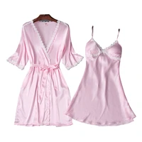 spring and summer ice silk water soluble lace nightdress two piece set comfortable and breathable satin chiffon womens nightgow