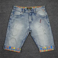 korean style fashion summer jeans men retro light blue bead skulls designer short ripped printed jeans hip hop denim shorts men
