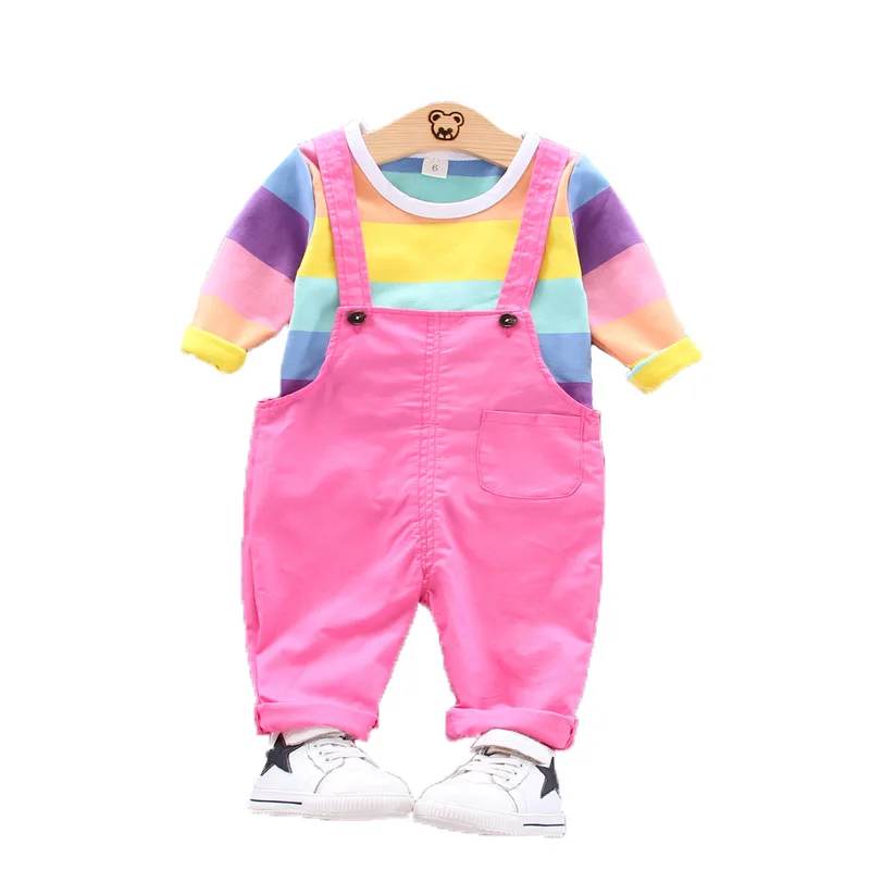 Весенние комплекты для девочек костюм с подтяжками одежда маленьких Радужная