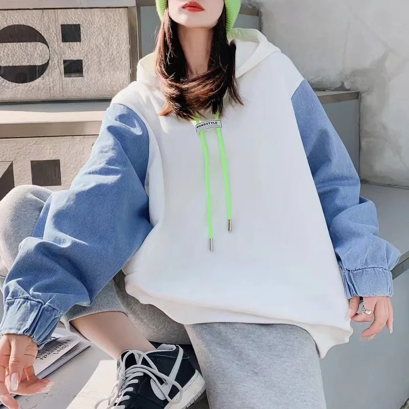 

BF Style Women's Terry Oversized Hooded Sweatshirt Coat Plus Size Demin Patchwork Drawstring Casual Hoodie Outerwear