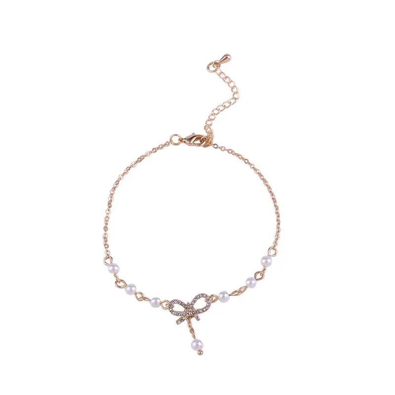 

2020 New Rhinestone Crystal Bow Simulated Pearl Chain Pendant Bangle Bracelet Stylish Women's Bracelets Beautiful Gift Jewelry