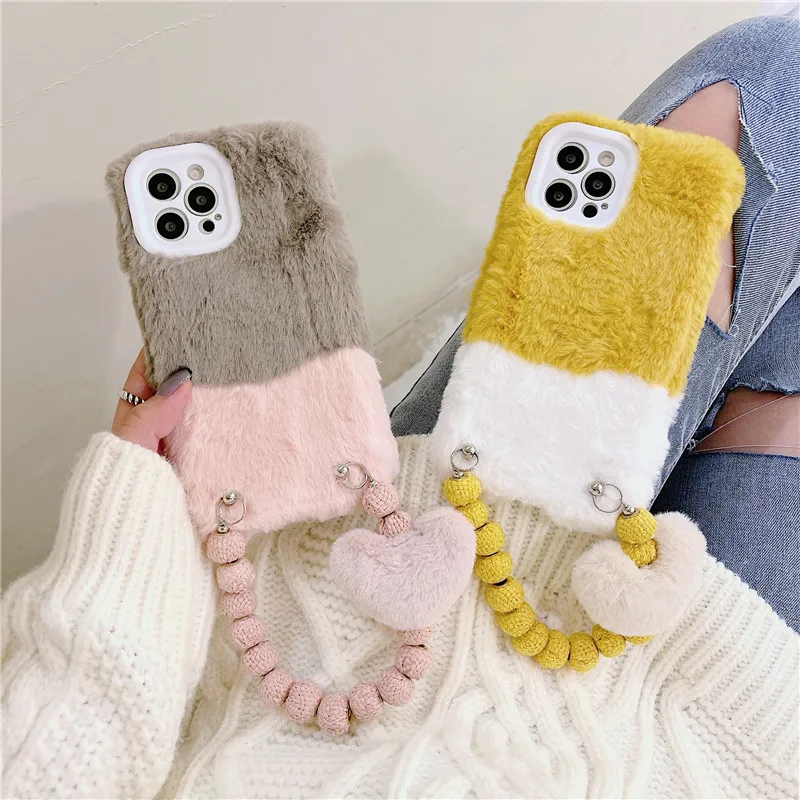 

Korean Style Fur Phone Case For iPhone 13 12 11 Pro XS MAX XR X 8 7 Plus Fashion Love Beaded Bracelet Cover Case For iPhone13
