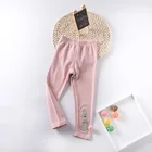 Осень-зима 2021, штаны с вышивкой в виде кролика для девочек, детские леггинсы с украшением в виде шара, теплые брюки в Корейском стиле