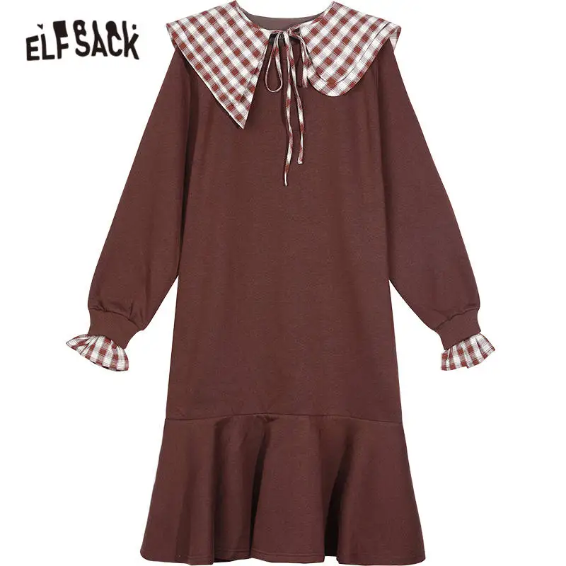 

ELFSACK Plaid Patchwork Knit Casual Ruffle Dress Women,2020 Autumn ELF Vintage Velvet Full Sleeve Korean Ladies Daily Dresses
