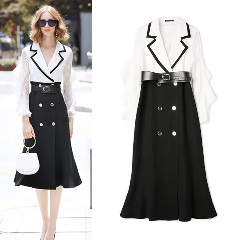 

Весеннее женское платье с ремнем, в европейском стиле, лоскутное, элегантное, кружевное, с английским воротником, с оборками, NS409