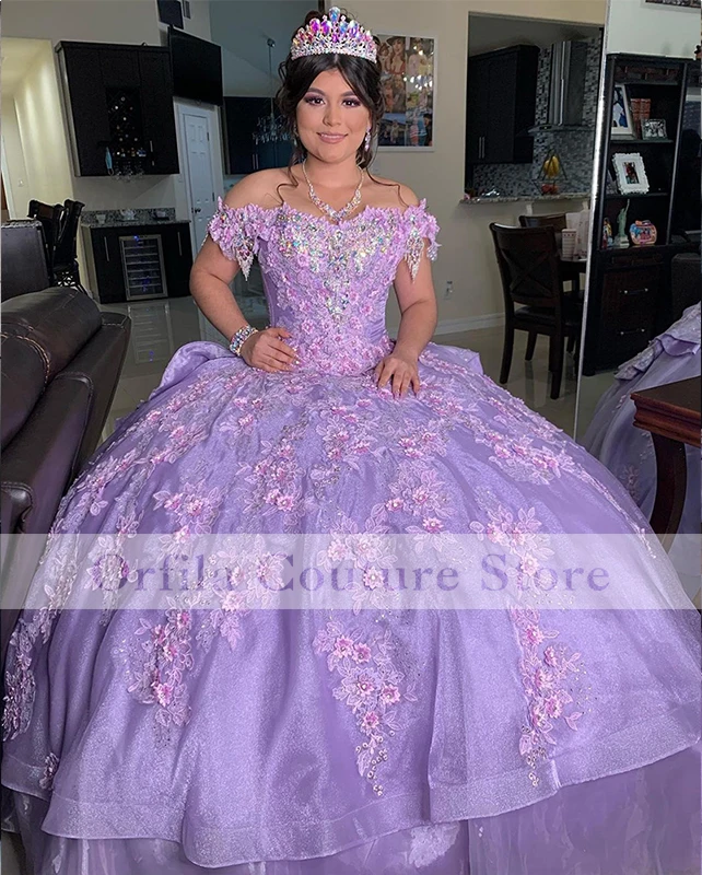 

Lilac Quinceanera Dresses with Lace Applique Sweet 16 Dress Beaded Off Shoulder vestidos de 15 años 2021 Prom Gowns
