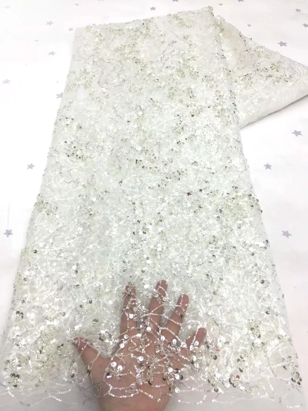 

Белая нигерийская африканская кружевная ткань с блестками 2021 Высококачественный кружевной материал французский Тюль кружевная ткань для шитья платья NXZ5126