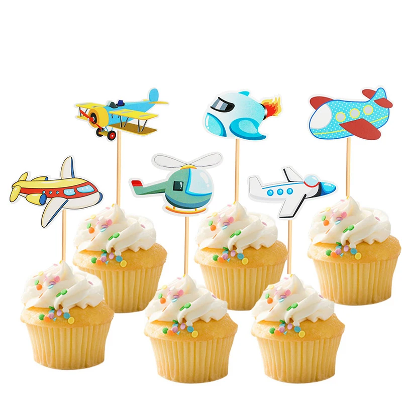 Figuras de cupcakes de avi&oacute;n de 12 Uds., Decoraci&oacute;n de Pastel de tem&aacute;tica de reconocimiento de g&eacute;nero para el beb&eacute; de helic&oacute;ptero para fiesta de bodas, suministros de fiesta de cumplea&ntilde;os-0