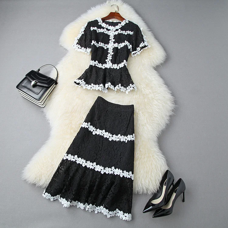 

Summer Women Elegant Contrasting Colors Ruffled Blouse Top and High Waist Bud Skirt Lace Clothing Set