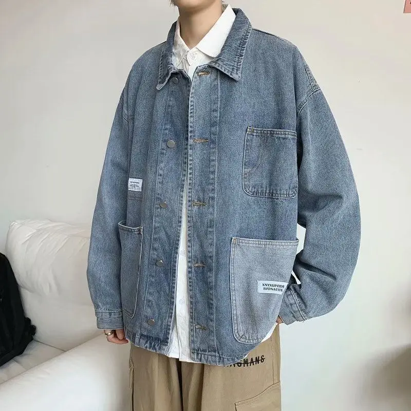 

Spring Multi Pocket denim men's Korean fashion tooling jacket ins brand loose Kpop Holiday Smart Casual Preppy Style