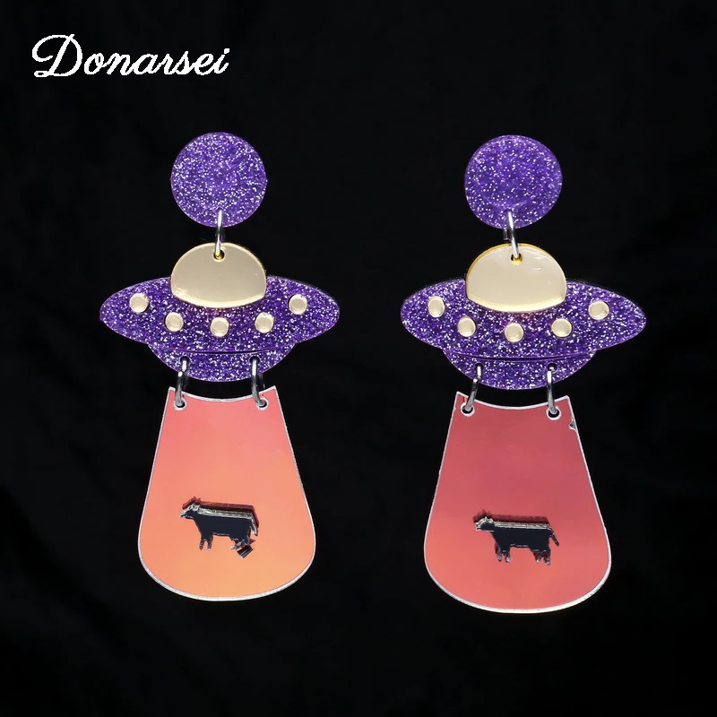 

Donarsei New Fashion Spaceship UFO Acrylic Earrings For Women Personality Geometric Alien Glitter Drop Earrings Party