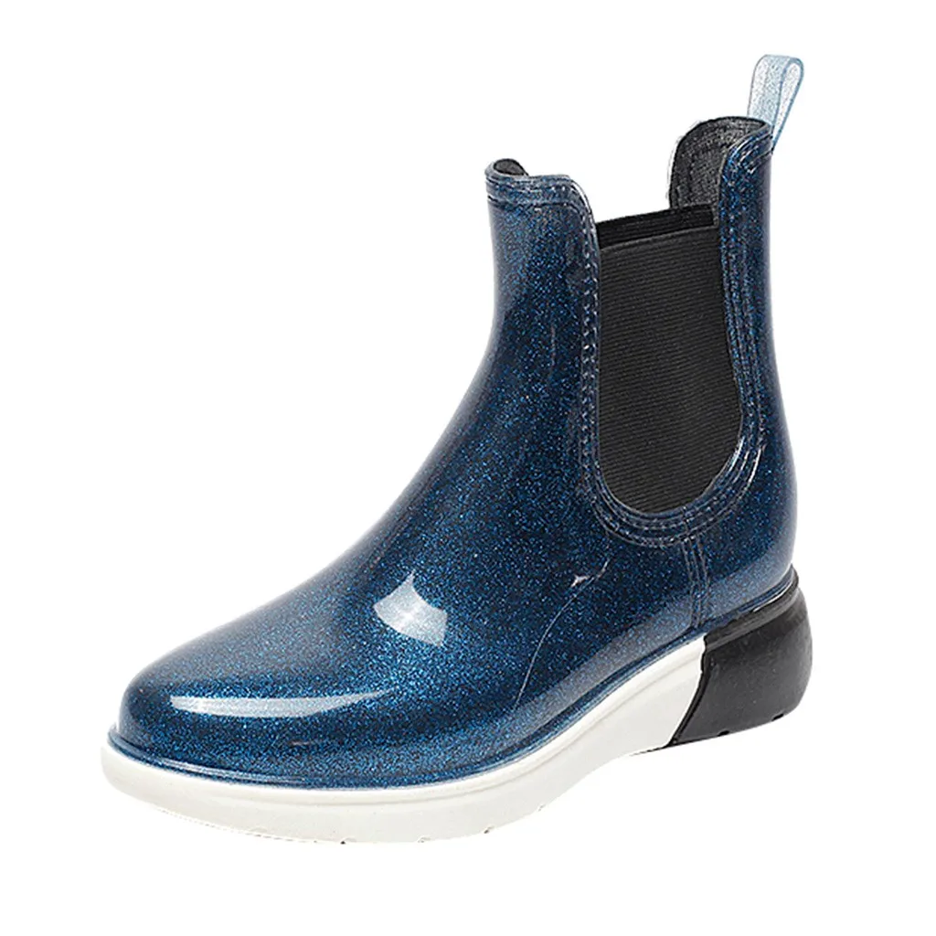 Синий Short Rain Boots for Women Fashion Slip-On Flashing Waterproof booties European Ladies shoes ботинки женские зимние new - Цвет: Синий