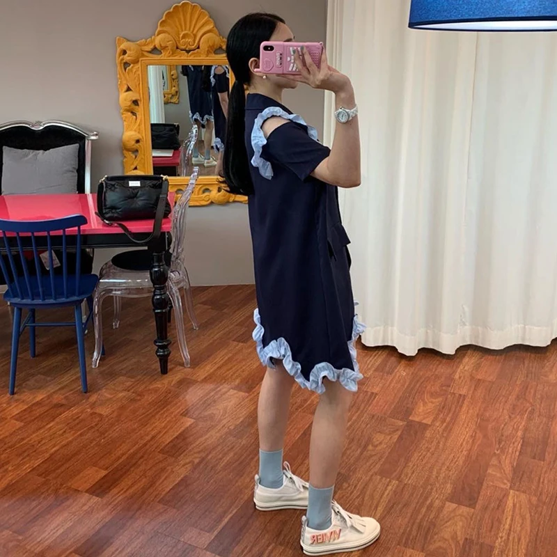 

SHENGPALAE Spliced Edible Tree Fungus Dress Women's Summer 2021 New Lapel Waist Short Sleeve Single Breasted Irregular Dresses