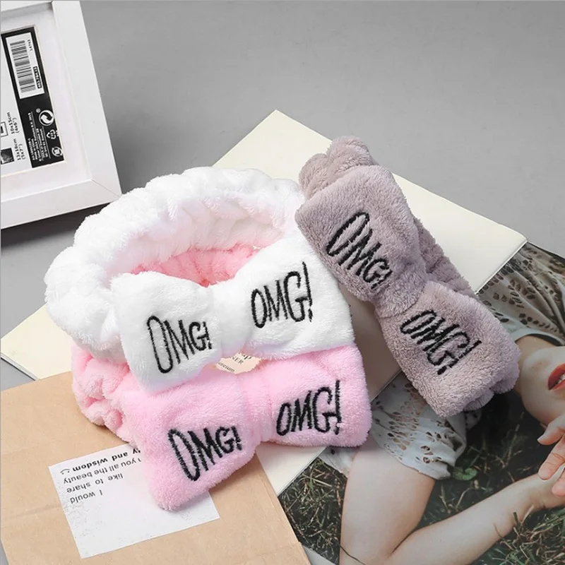 "OMG" Soft Coral Fleece Headband for Women  Elastic Hairbands Cat Ears Wash Face Makeup Turban Hair Accessories