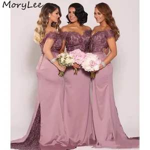 Bridesmaid Dresses Mermaid Off The Shoulder Satin Pleated Lace Crystal Bridesmaid Dresses Zipper Wedding Party Bridemaid Gowns