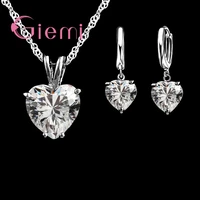 top quality 925 sterling silver jewelry sets necklace earring set big cubic zirconia cz heart shape pendant necklace