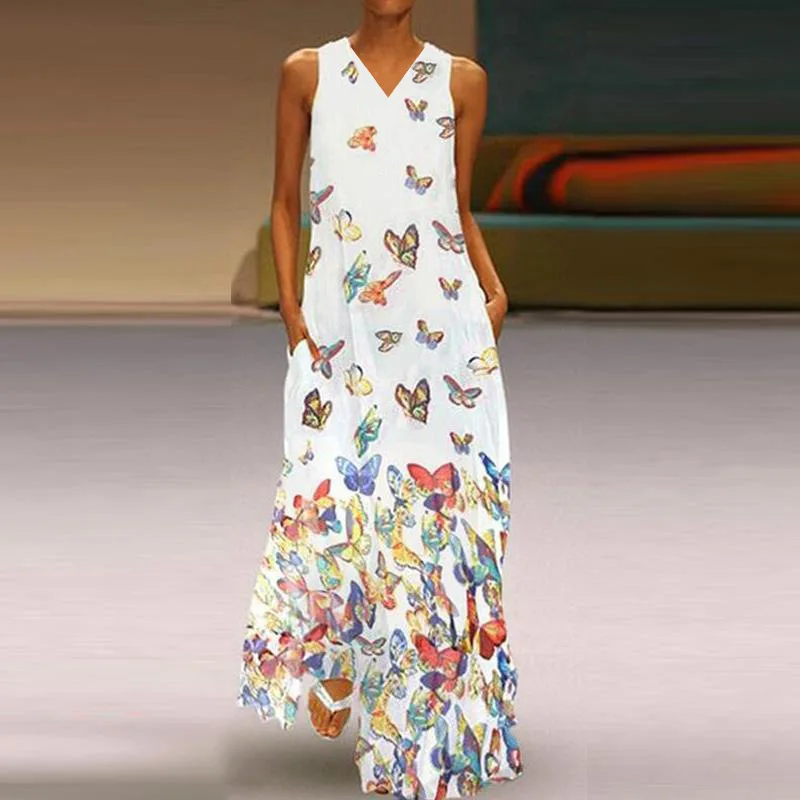 

Summer Dresses Butterfly Printed Beach Women V-Neck Casual Sleeveless Long Dress 2021 Female Plus Size Fashion A-Line Sundress