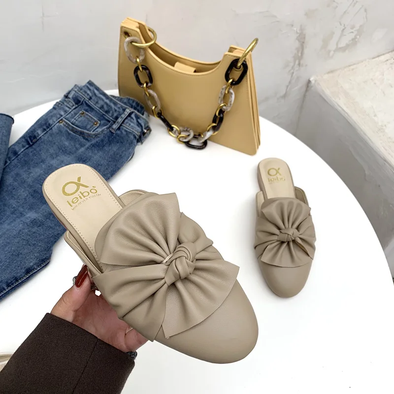 Мюли женские с бантом бабочкой кожаные плиссированные тапочки на низком каблуке