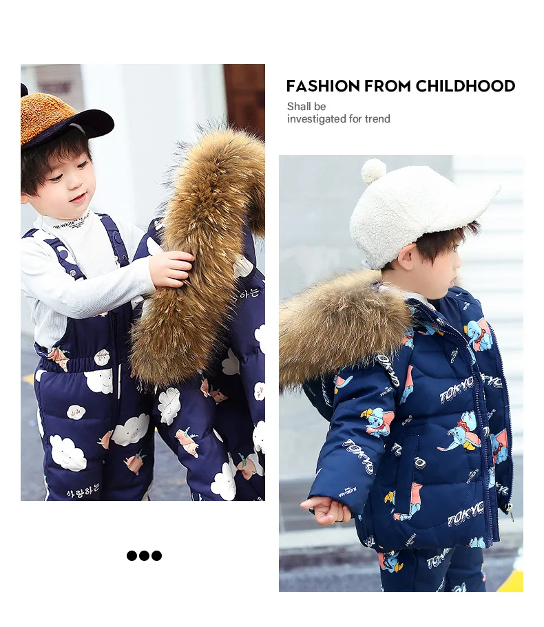 Winter children's down suit Girls pink snow suit Boy ski down suit Baby windproof down jacket+ thick Keep warm down pants