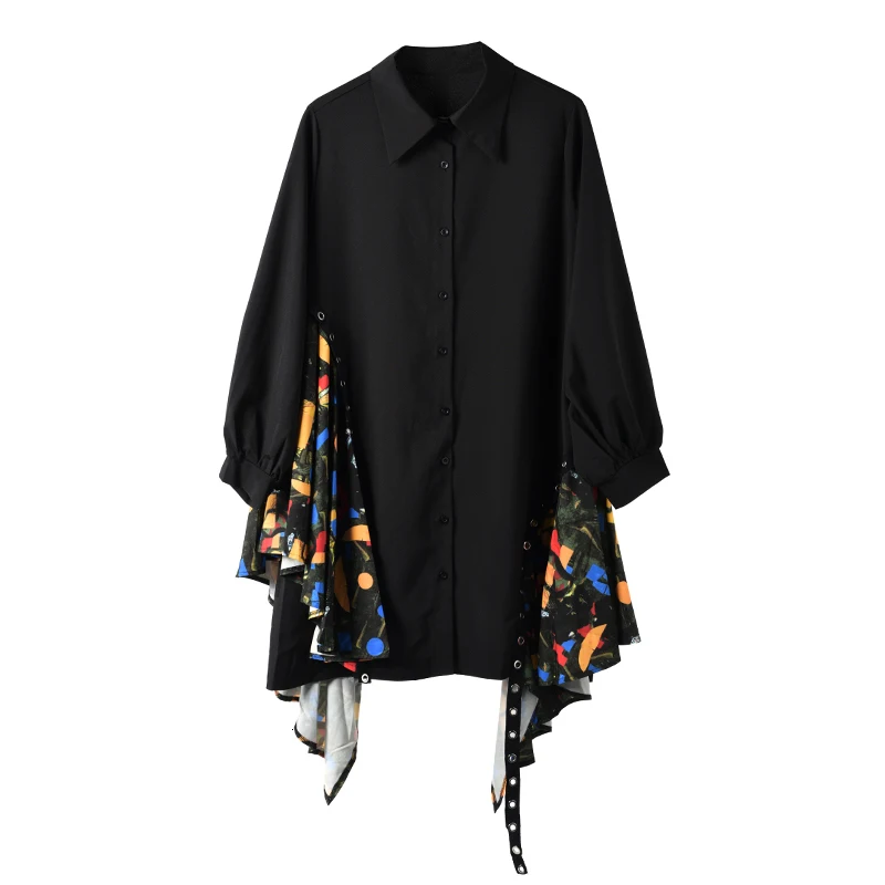 [EAM] Women Black Print Asymmetrical Big Size Shirt Dress New Lapel Long Sleeve Loose Fit Fashion Spring Autumn 1B060