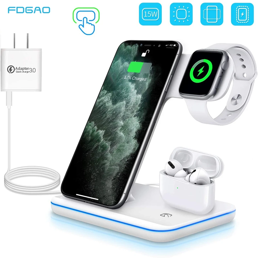 

3 in 1 QC 3.0 Fast Charging Station for AirPods 15W Qi Wireless Charger For Apple Watch SE 6 5 4 3 2 iPhone 12 11 XS Samsung S21