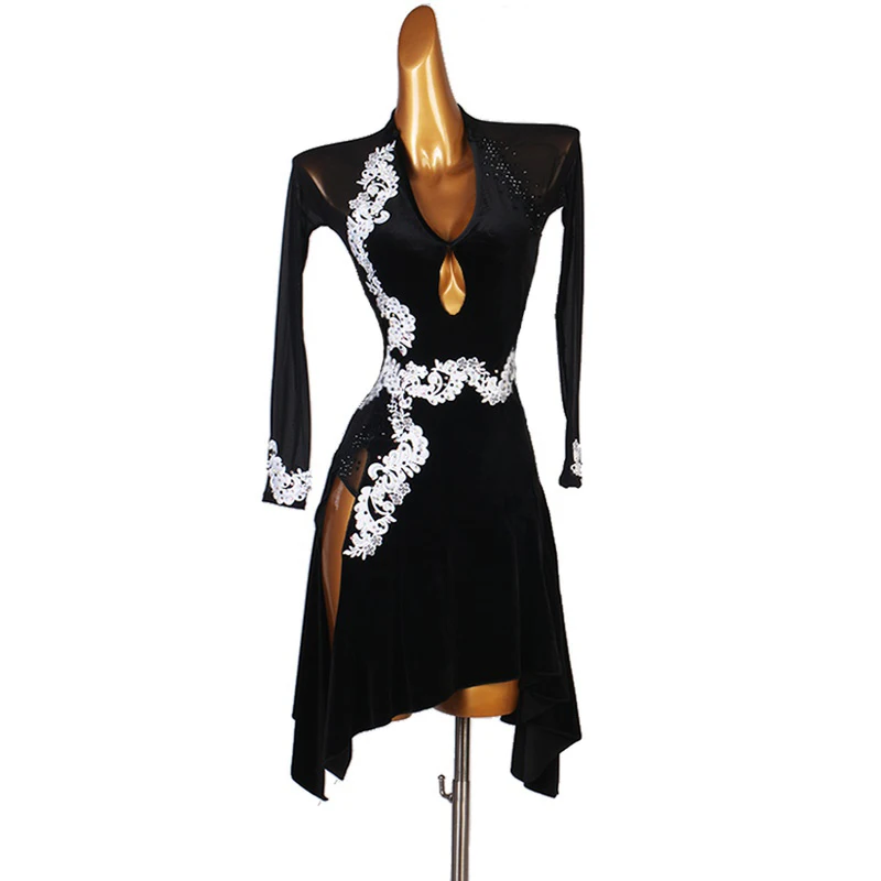 

Женское платье для латиноамериканских танцев, черное платье с длинным рукавом и стразами, танцевальные костюмы для девушек и женщин