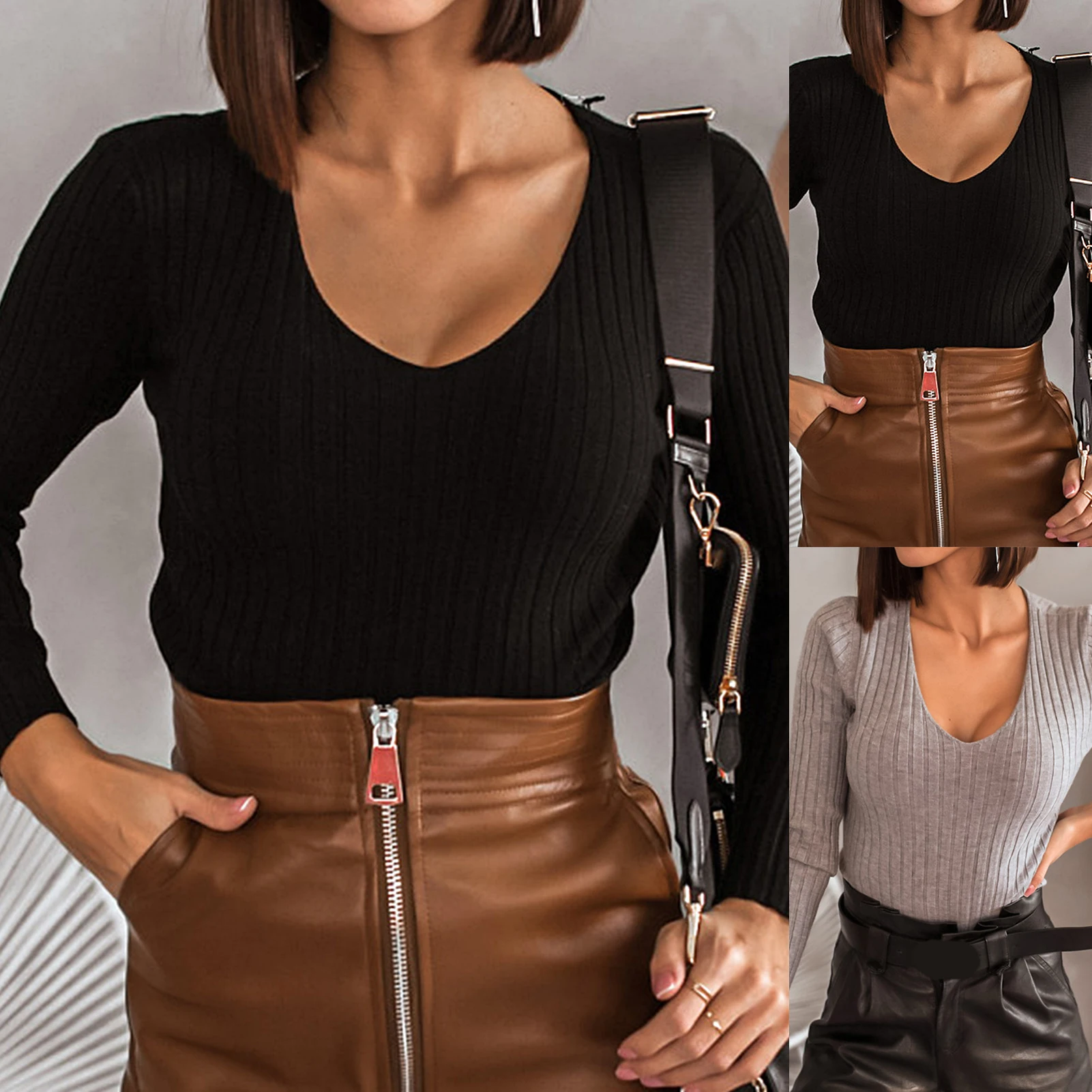 Женские рубашки топы сексуальный глубокий v образный вырез длинный рукав