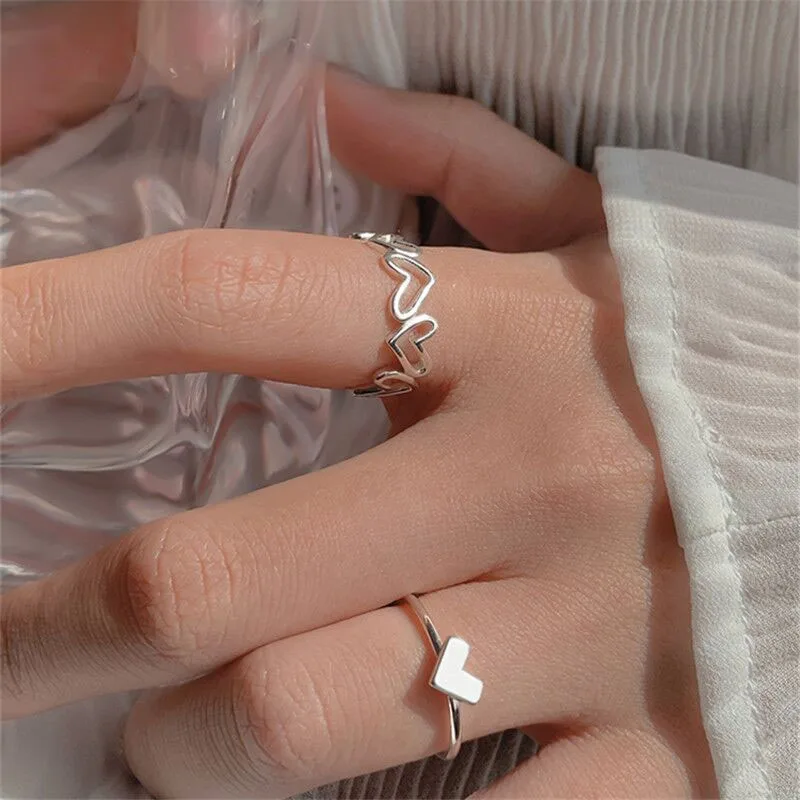 

Silver Color Hollowed-out Heart Shape Open Ring Design Cute Fashion Love Jewelry for Women Girl Child Gifts Adjustable Fashion
