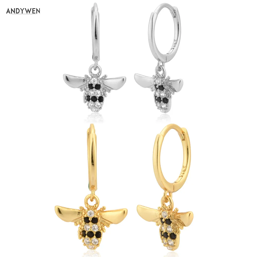 

ANDYWEN 925 Sterling Silver Bee Animal Pendant Drop Earring Women Fashion Jewelry For Party Crystal Zircon Rock Punk Wedding