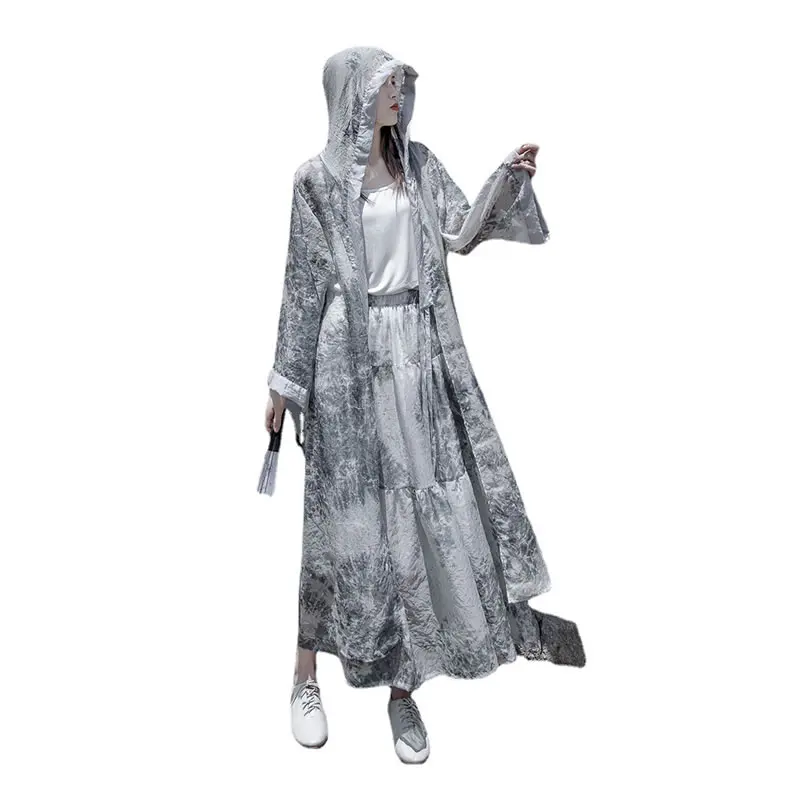 

XITAO Summer Print Sun Protection Cover-Ups Fashion New Casual Loose Bandage Long Sleeve Hooded Collar All-match Women CLL1154