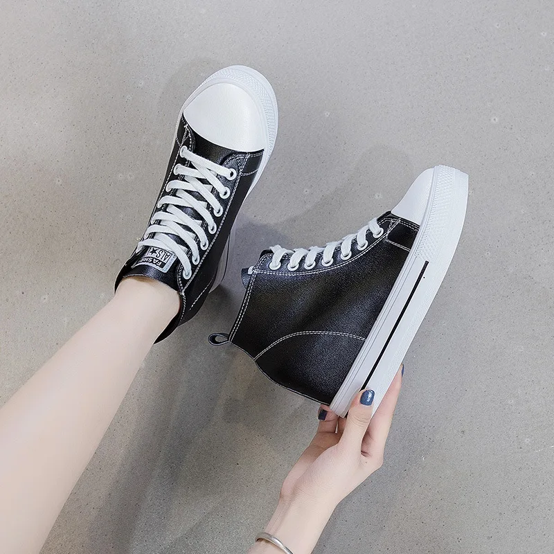 High Top Wedge Sneakers Real Leather Casual Shoes Lace Up Heels Casuales Black White Sneakers High Fashion Sport Shoes Pumps
