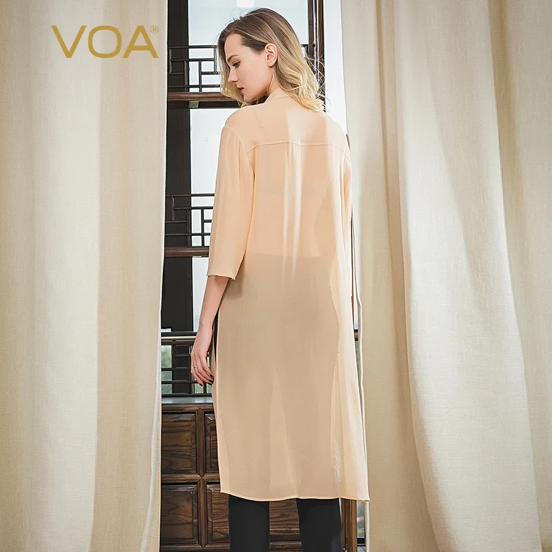 Verkauf VOA SilkGeorgette Orange Braun Square Neck Orgel Falten Einreiher Schulter Off Horn Ärmeln Rock Lange Sonnencreme Top B9517