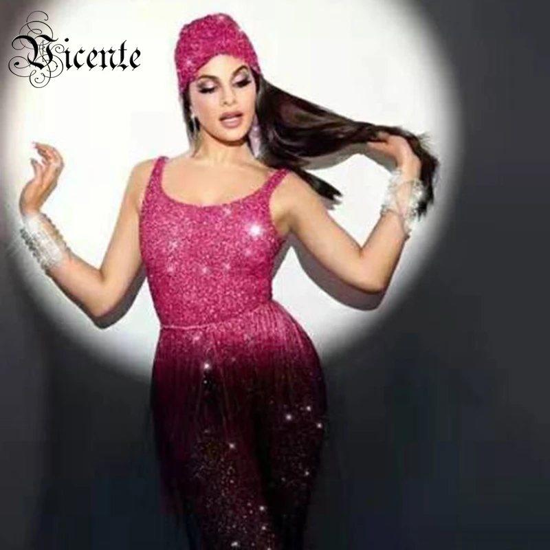 

VC All Free Shipping 2020 New Trendy Hot Pink Jumpsuit Tassels Sequins Design Sexy Sleeveless Celebrity Party Club Jumpsuit